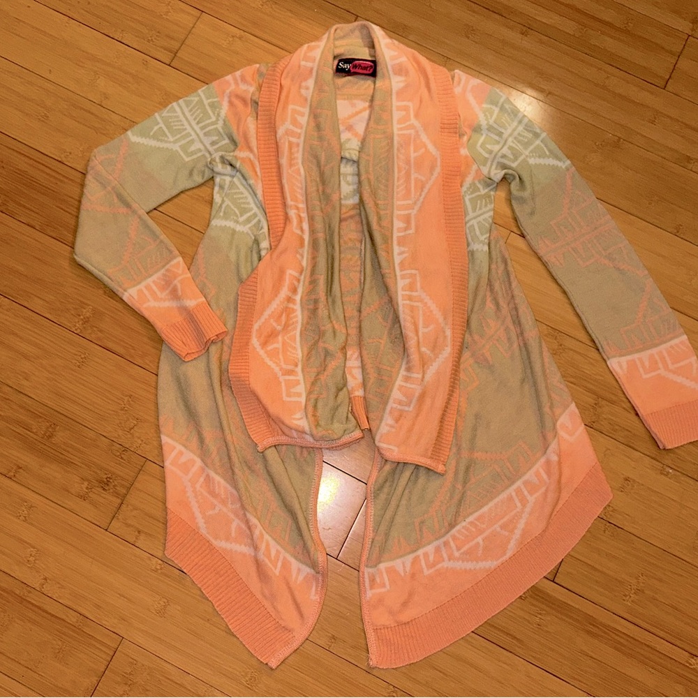 Say What? New York Beige & Coral Pink Asymmetric Women’s Small Sweater Cardigan